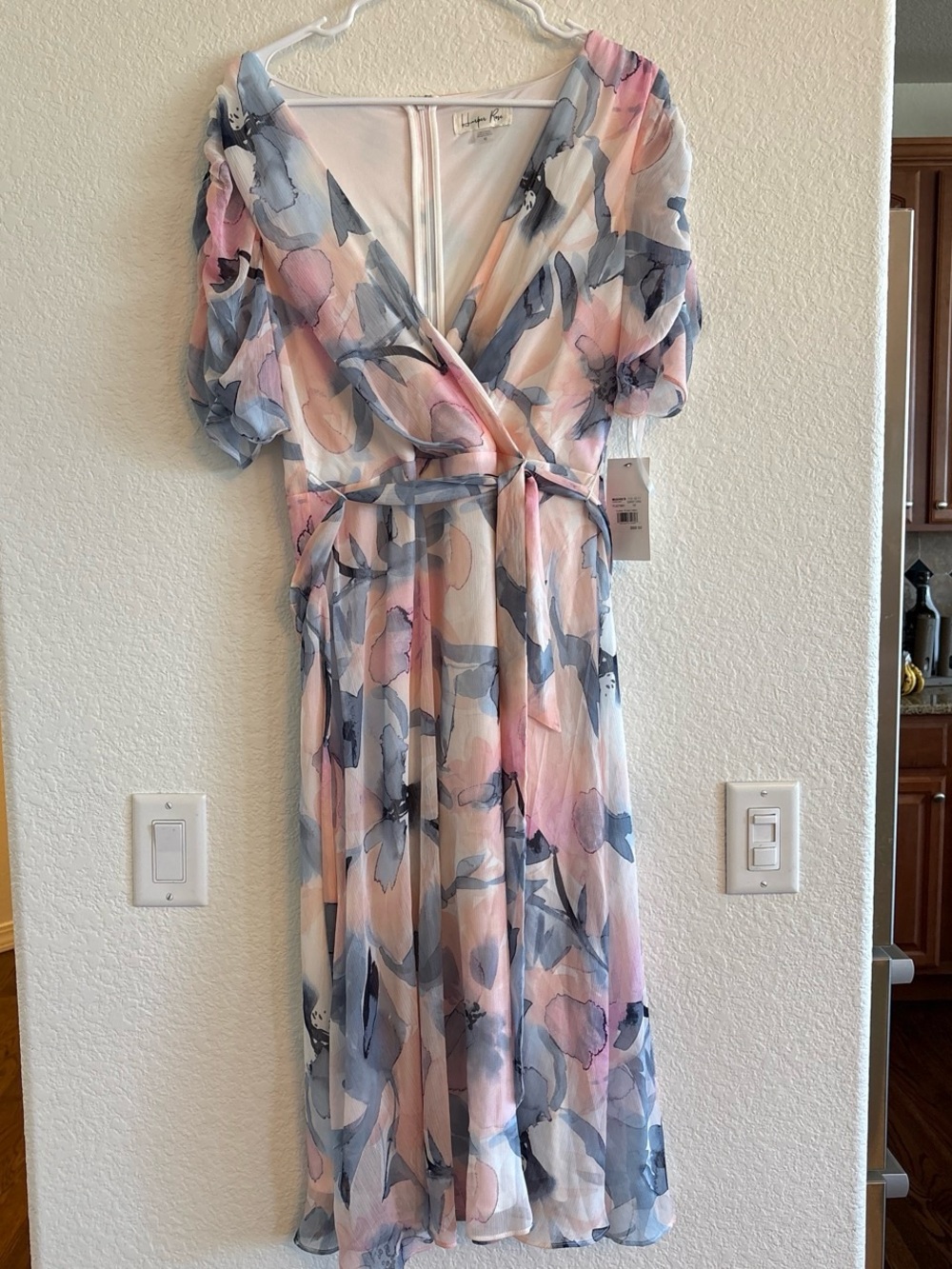 Floral Wrap Midi Dress in Pastel Pink & Blue